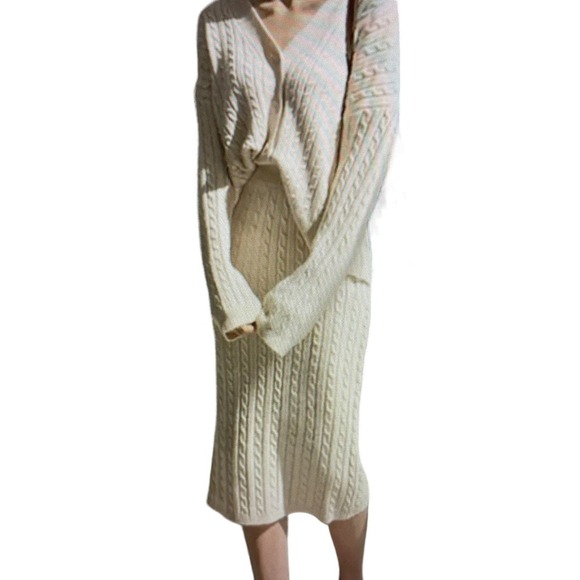 Cable Knit Piece Midi Pencil Skirt Oversized Button Sweater Set